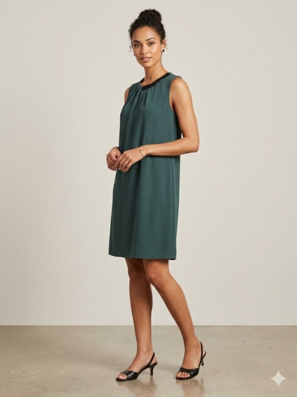 Forest Green Shift Dress Sleeveless Beaded Neckline Elegant Women’s Size S